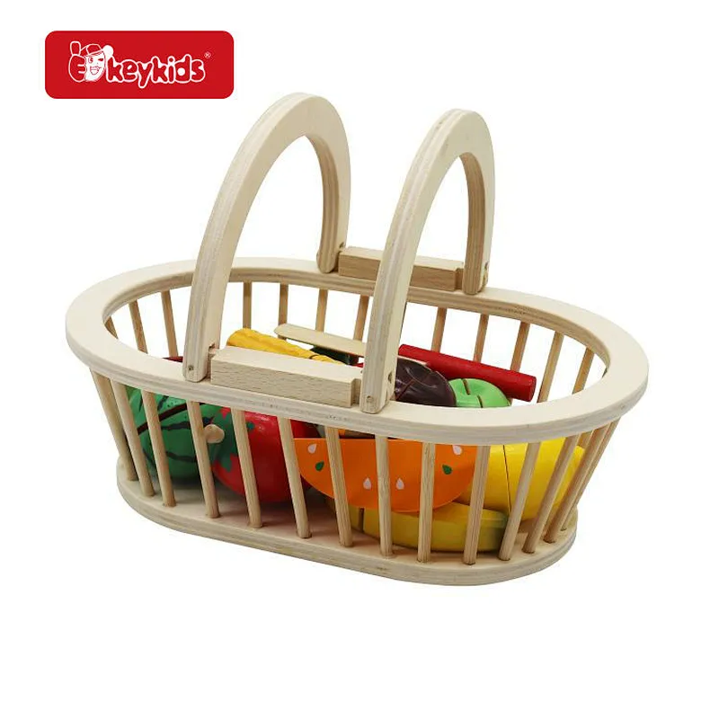 Hot Sale Kids Kitchen Pretend Play Wooden Cutting Fruit Toys With Basket W10B474