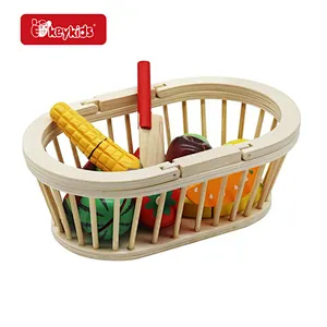 Hot Sale Kids Kitchen Pretend Play Wooden Cutting Fruit Toys With Basket W10B474